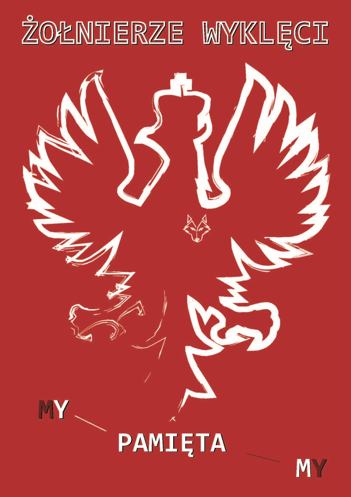 Gnyś Jakub – klasa 2Ep – Plakat w orientacji pionowej przedstawia biały zarysy godła Polski - orła w koronie, na którego prawej piersi jest głowa wilka (znak Żołnierzy Wyklętych). Tło plakatu jest czerwone. Nad grafiką orła widnieje napis „Żołnierze wyklęci”. Pod grafiką orła jest napis „My pamiętamy”.